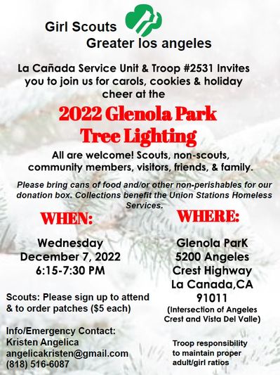 Flyer inviting to the 2022 Glenola Park Tree Lighting event by Girl Scouts Greater Los Angeles.