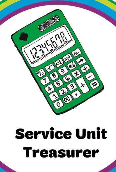 Illustration of a green calculator with text 'Service Unit Treasurer'.