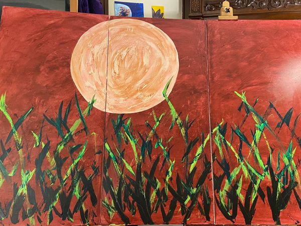 3 panel piece red with moon and grasses