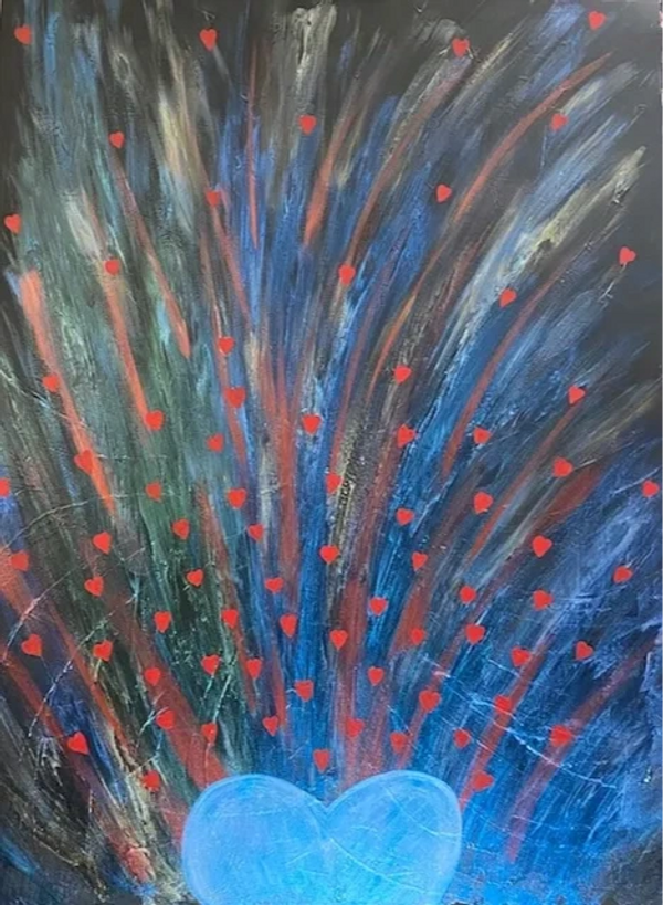 blue heart exploding upward with colors and many small red hearts,