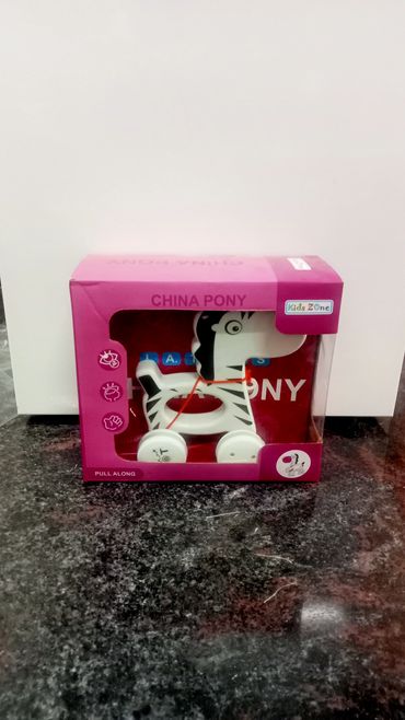 Pull-along zebra toy in pink packaging from Kids Zone.