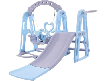 A pastel blue and purple children's playset with a slide and swing.