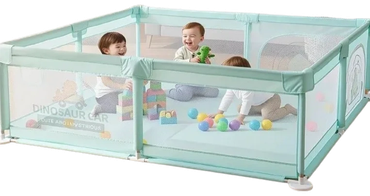 Three toddlers playing safely inside a light blue playpen filled with colorful balls.