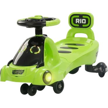 Green ride-on toy car for kids with a steering wheel and four wheels.