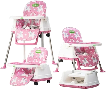 Pink children's high chairs with unicorn and rainbow patterns, adjustable for various seating needs.