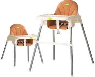 Two brown and white adjustable high chairs for babies or toddlers.