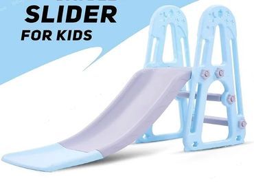 Blue and white plastic kids' slide designed for safe indoor play.