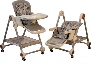 Two beige baby high chairs with animal print cushions and wheels.