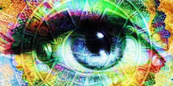 A vibrant eye blended with colorful, intricate circular patterns.