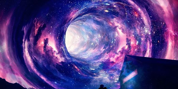 Couple embraces under a cosmic swirling galaxy with an 'ESCAPE' sign.