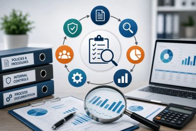 Audit process with documents and charts on a desk.