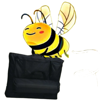 A cute cartoon bee carrying a black bag with straps.
