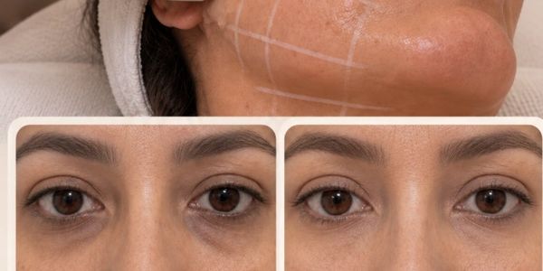 Antes y después de tratamiento facial en ojos y mejillas.