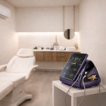 Equipo médico en una sala de tratamiento limpia y moderna.