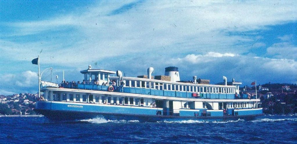 KANANGRA heads down Middle Harbour returning from a cruise, 1975.