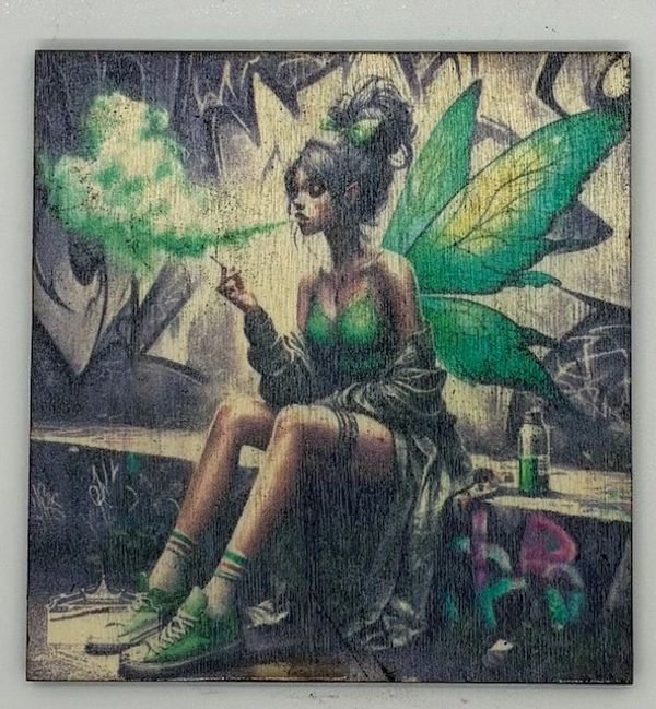 Fairy with green wings smoking in an urban graffiti setting.