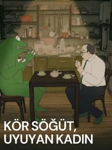 A man and a frog-like creature having tea in a cluttered kitchen.