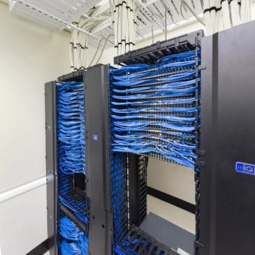 Network server rack filled with organized blue cables.