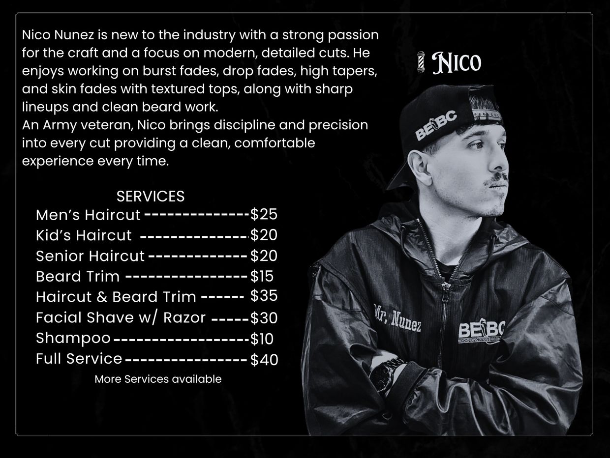 Barber Nico Nunez offers modern haircuts and beard trims with military precision and detailed styling.
