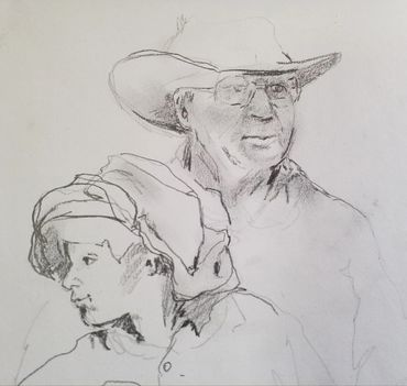 Pencil drawing; cowboys, Grandpa and grandson.