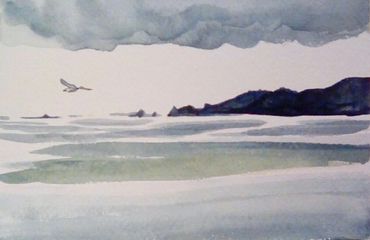 Beach and gull; watercolor sketch