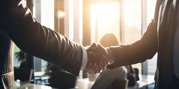 Two business professionals shaking hands in a sunlit office.