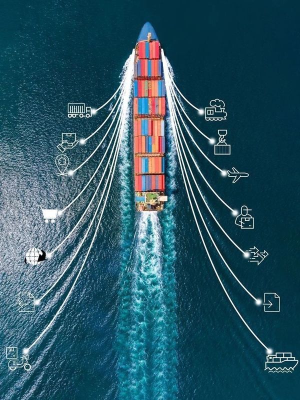 A cargo ship with shipping and logistics icons illustrating global trade connections.