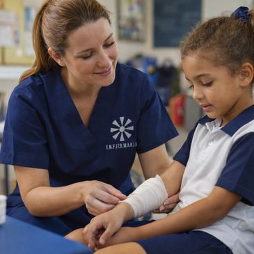 Nurse caring for a young girl’s arm with a bandage in a medical setting.