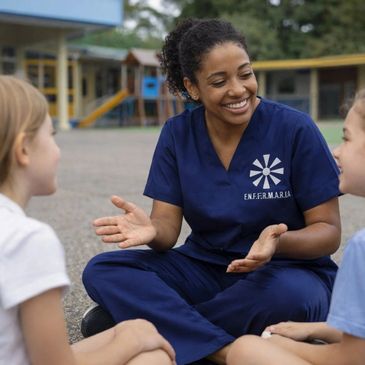 Nurse in scrubs engaging warmly with two children outdoors.