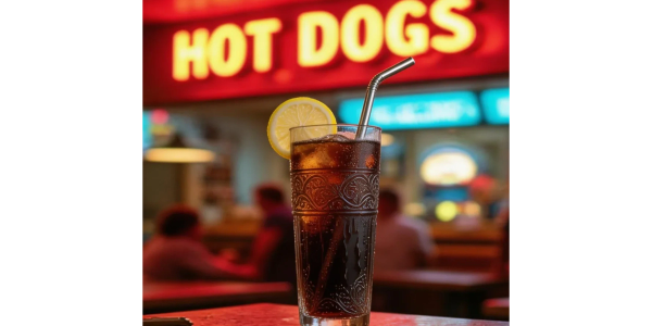 A cold soda with a lemon slice and metal straw in front of a hot dog sign.
