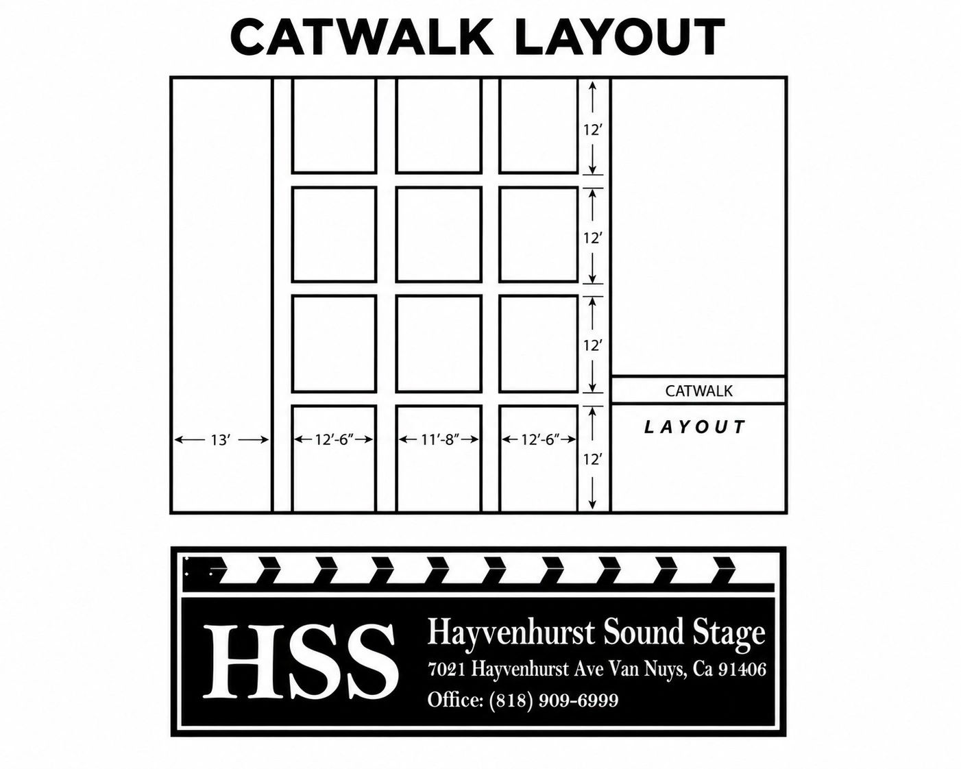 Floor plan diagram of Hayvenhurst Sound Stage catwalk layout.