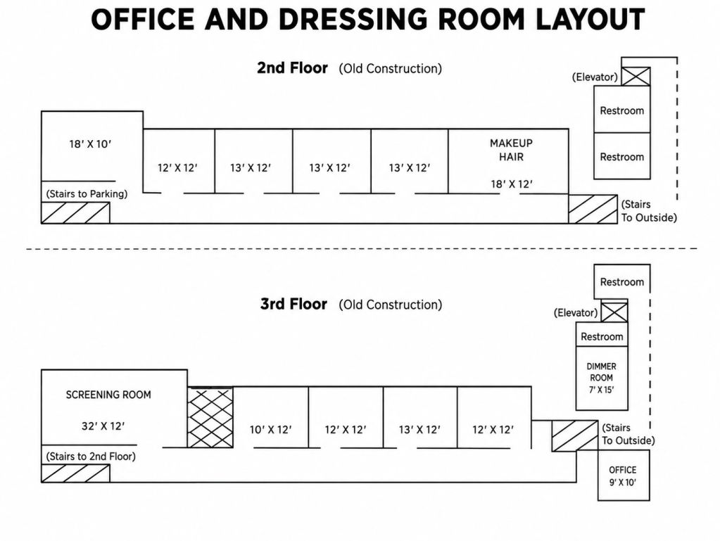 Floor plan of office and dressing rooms on 2nd and 3rd floors.