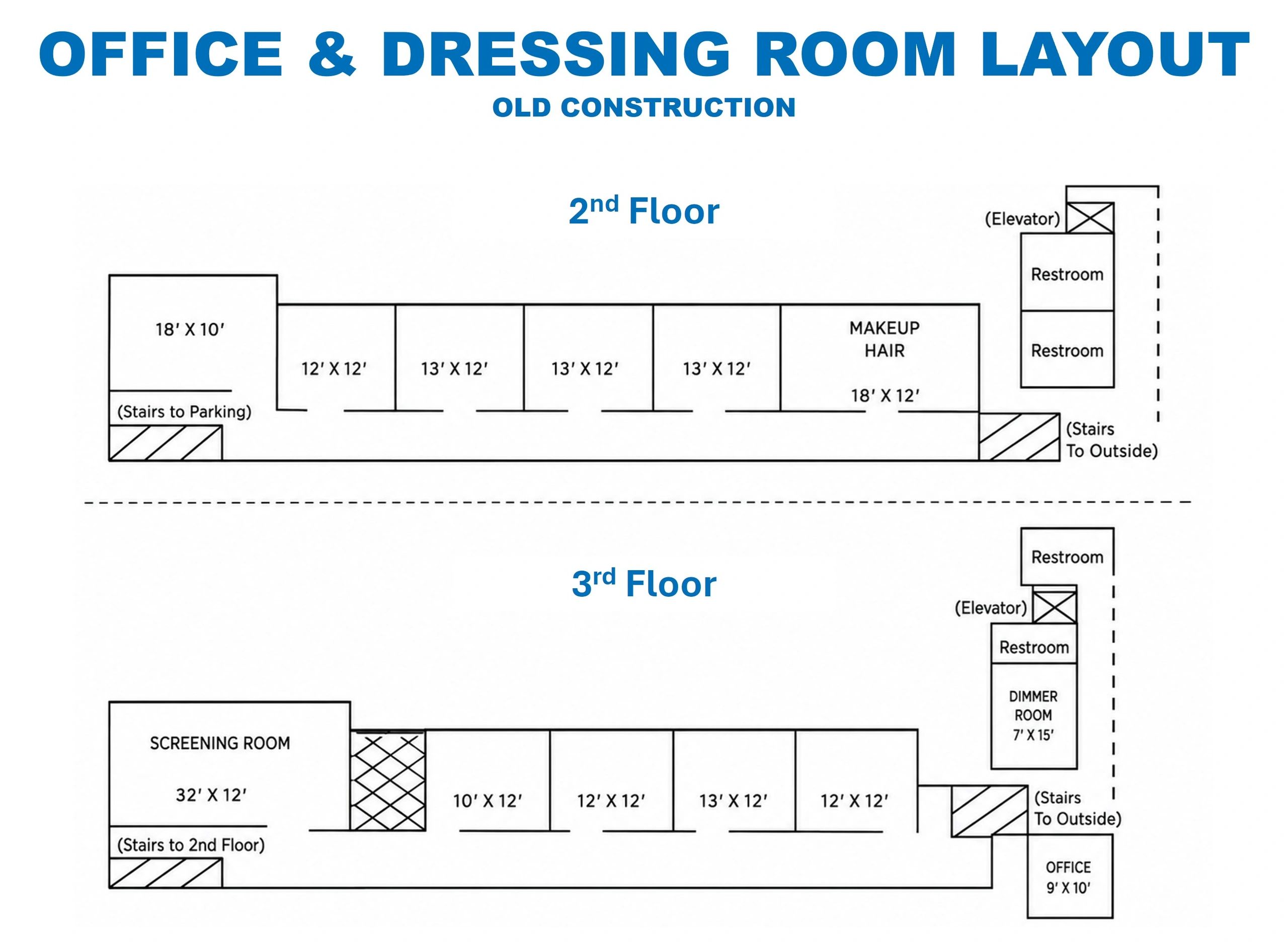 Layout of office and dressing rooms on 2nd and 3rd floors.