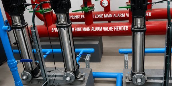 Industrial fire sprinkler pump system with red pipes and gauges.