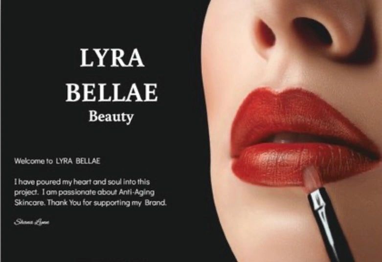 Close-up of red lipstick application with LYRA BELLAE Beauty branding.