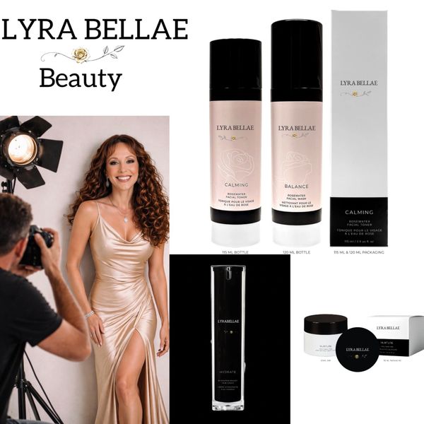 Lyra Bellae Beauty skincare products with a model in a glamorous gown during a photoshoot.