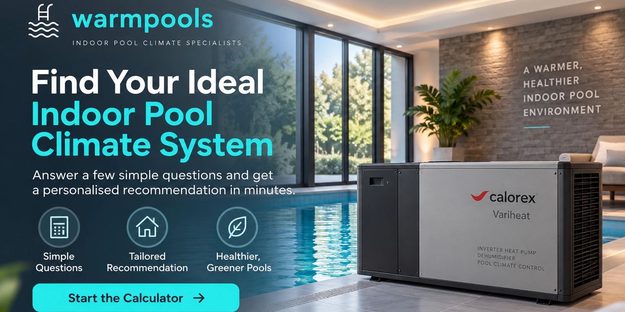 Warmpools indoor swimming pool climate system selector showing a Calorex Variheat unit beside a mode