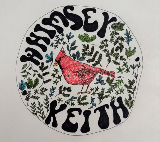 Hand-drawn circular design featuring a red cardinal, green foliage, and the name "Chasey Keith".