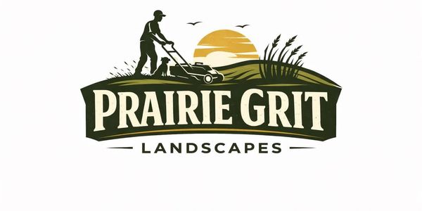 Logo of Prairie Grit Landscapes with a person mowing lawn and a dog.