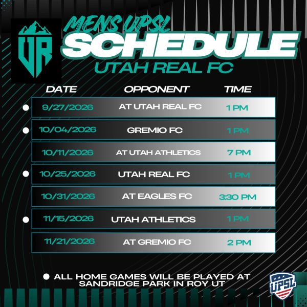 Men's UPSL Utah Real FC 2026 soccer schedule with dates, opponents, and times.