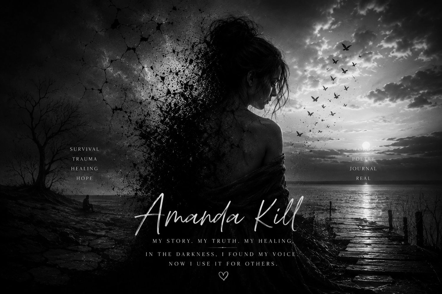 A woman dissolves into birds at sunset, symbolizing healing and hope.