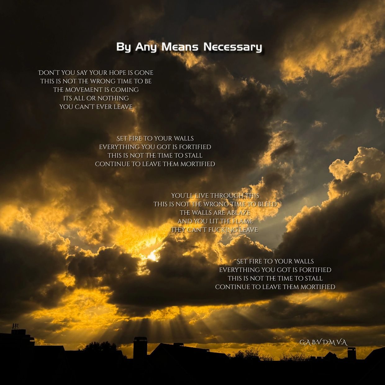 Song lyrics over a dramatic sunset sky.