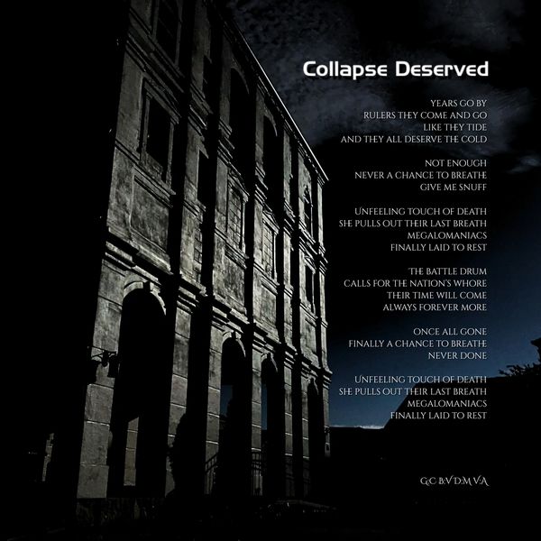 A dark image of an ancient stone building with a poem titled 'Collapse Deserved'.