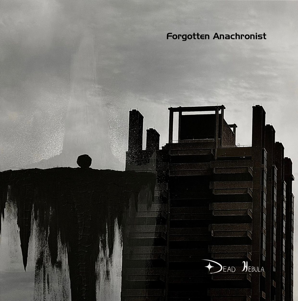 Monochrome urban scene with mysterious structures and text.