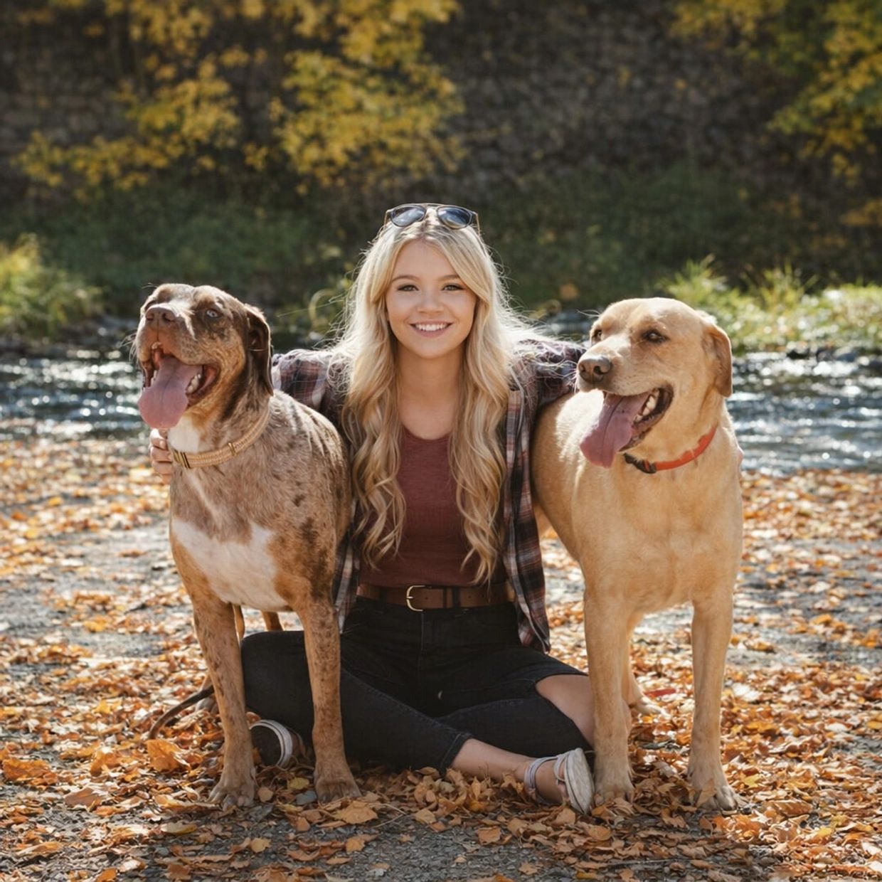 Young woman sitting outdoors with two happy dogs on autumn leaves.