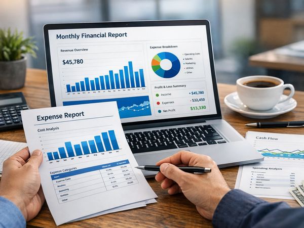 Person analyzing financial and expense reports with charts on laptop and paper.