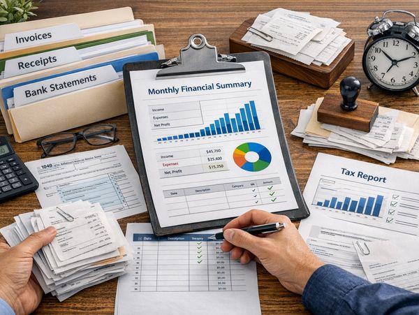 Person organizing financial documents and reports at a desk.