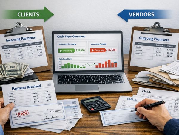 A desk with financial documents, laptop showing cash flow, and payments for clients and vendors.