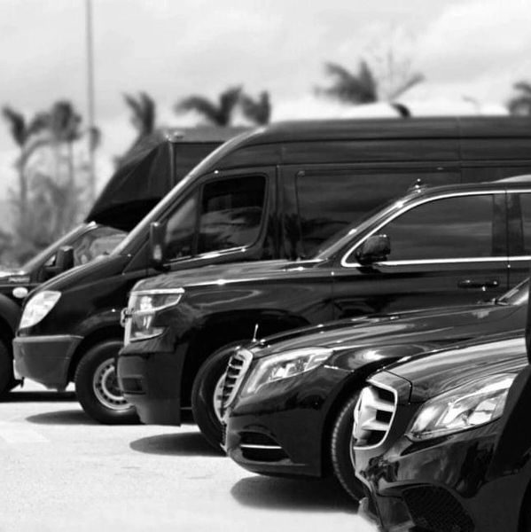 A row of black luxury vehicles with a suited security guard in the foreground.