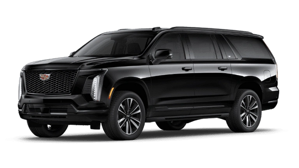A sleek black Cadillac Escalade SUV with tinted windows.